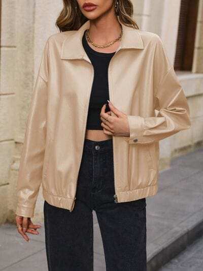Pocketed Zip Up Collared Neck Jacket - Trendsi - Flyclothing LLC