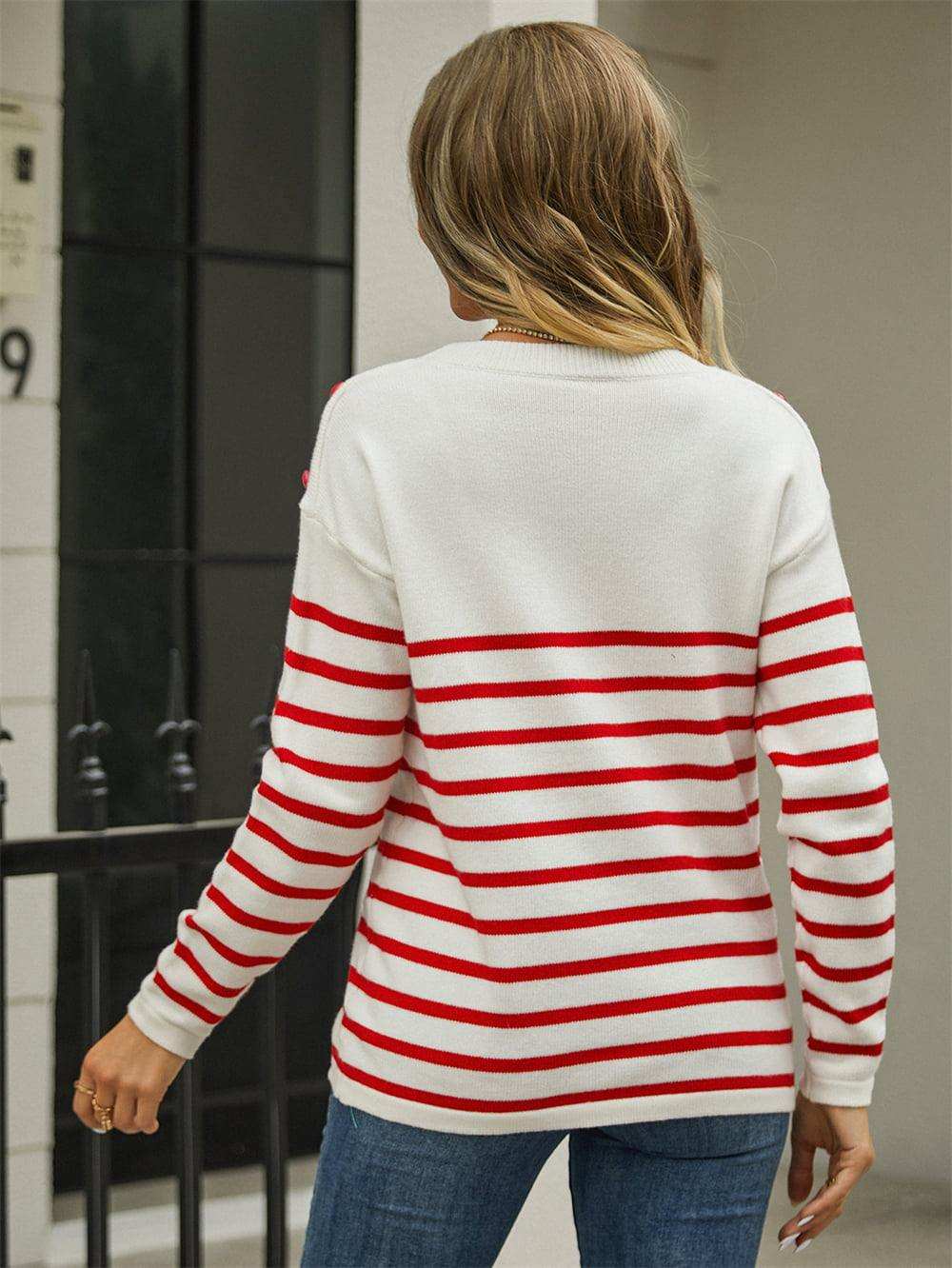 Round Neck Shoulder Button Striped Pullover Sweater - Trendsi - Flyclothing LLC