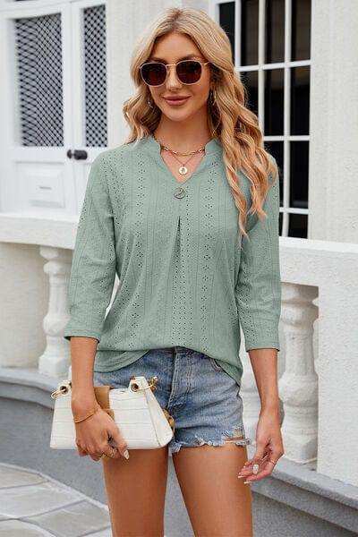 Eyelet Notched Knit Jacquard Top - Trendsi - Flyclothing LLC
