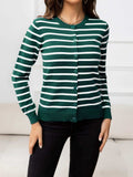 Striped Round Neck Long Sleeve Buttoned Knit Top - Trendsi - Flyclothing LLC