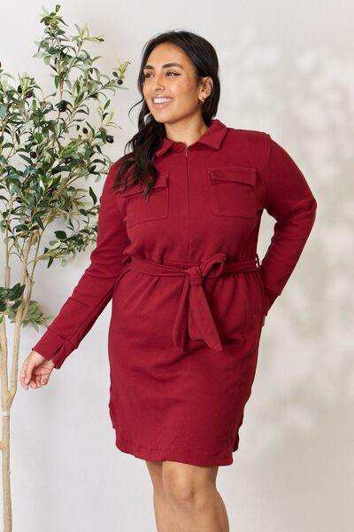 Culture Code Full Size Tie Front Half Zip Long Sleeve Shirt Dress - Trendsi - Flyclothing LLC