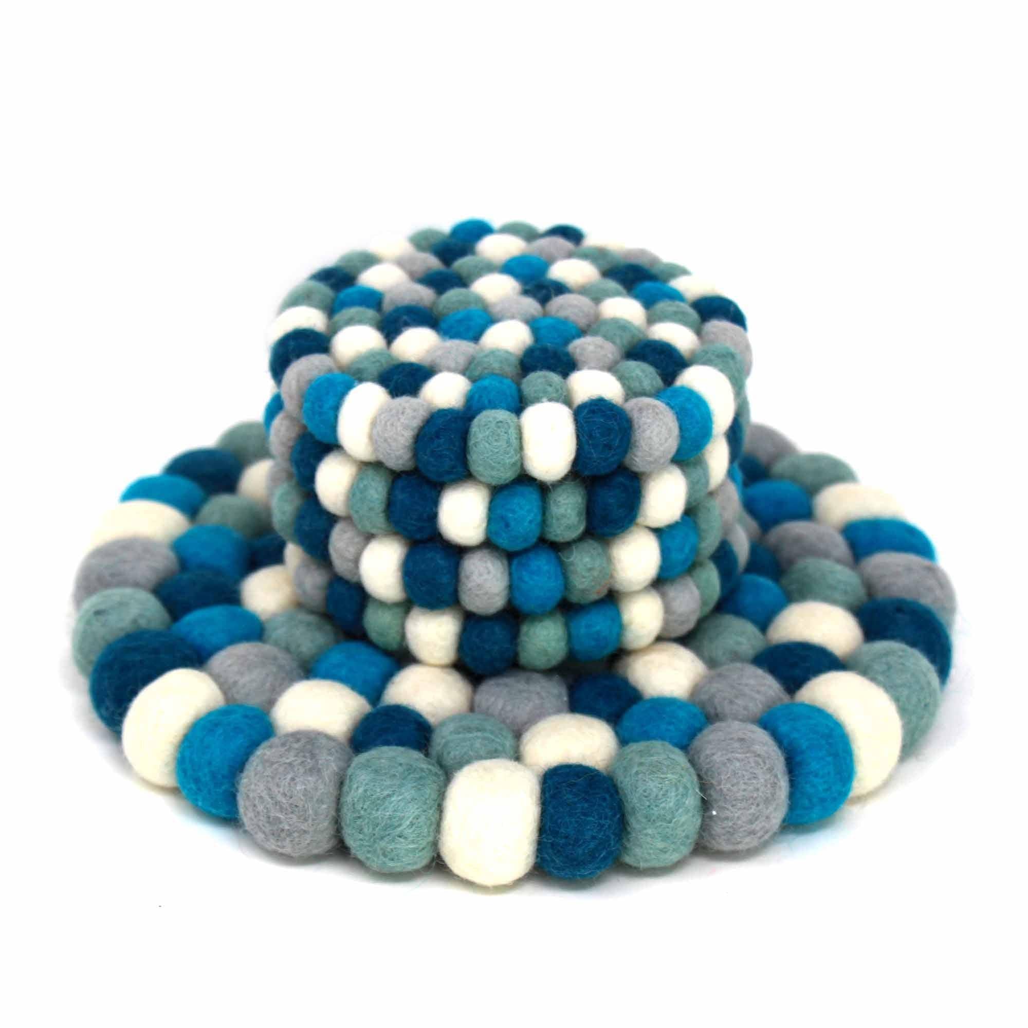 Ice Blue Felt Ball Coasters, Set of 4 - Global Groove Direct