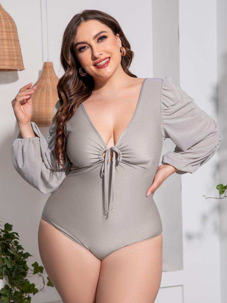 Plus Size Tied Deep V Balloon Sleeve One-Piece Swimsuit - Trendsi - Flyclothing LLC