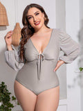 Plus Size Tied Deep V Balloon Sleeve One-Piece Swimsuit - Trendsi - Flyclothing LLC