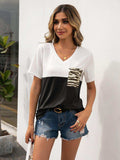 Color Block V-Neck Short Sleeve Tee - Trendsi - Flyclothing LLC