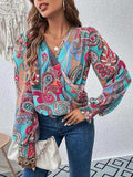 Printed Surplice Smocked Lantern Sleeve Blouse - Trendsi - Flyclothing LLC