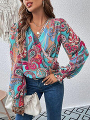 Printed Surplice Smocked Lantern Sleeve Blouse - Trendsi