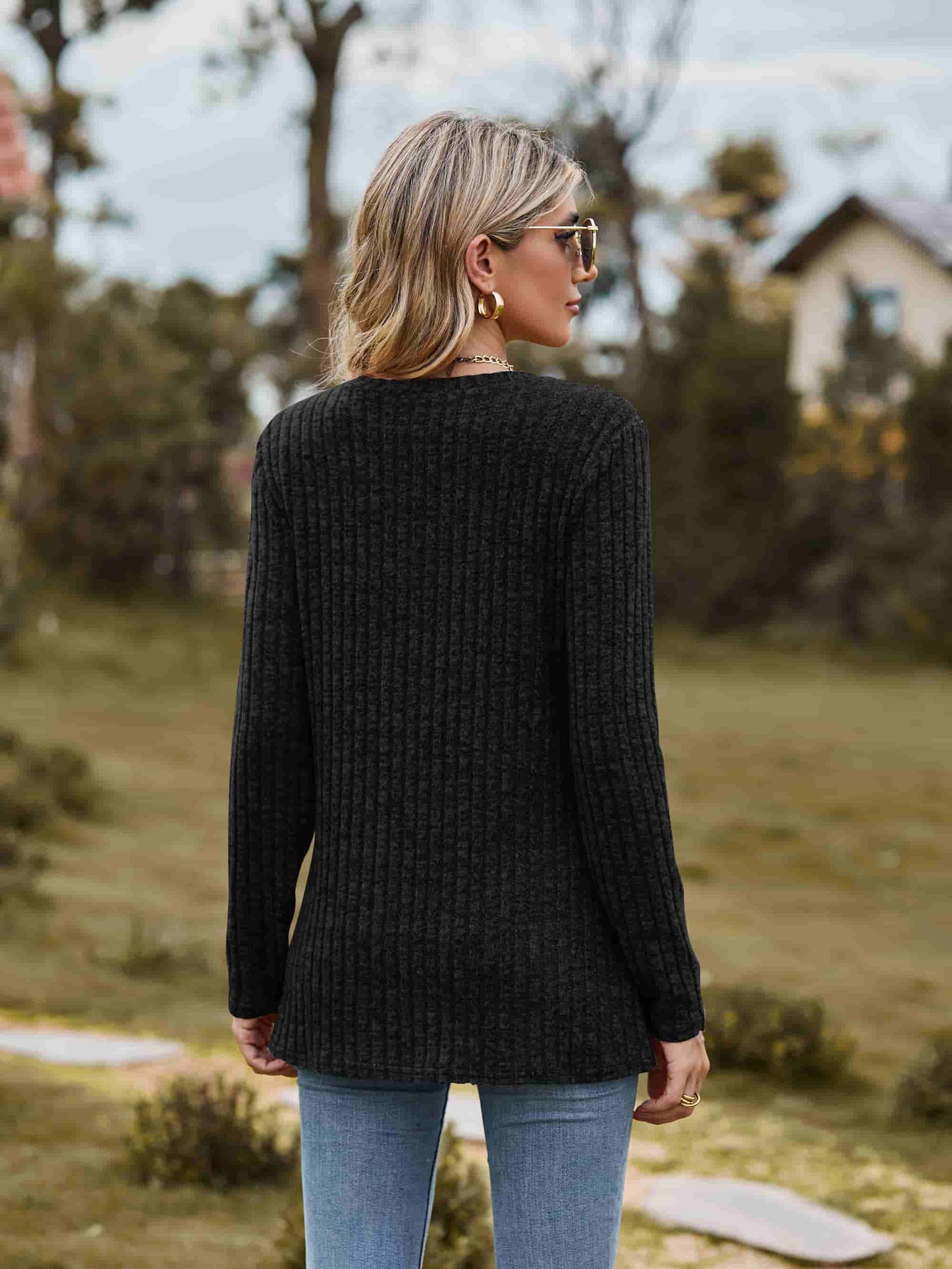 Ribbed Round Neck Long Sleeve Tee - Trendsi - Flyclothing LLC