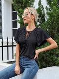Eyelet Tie Neck Flutter Sleeve Blouse - Trendsi - Flyclothing LLC