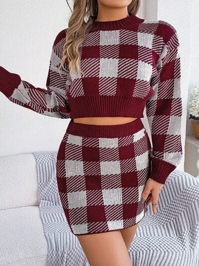 Plaid Round Neck Top and Skirt Sweater Set - Trendsi