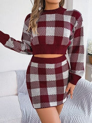 Plaid Round Neck Top and Skirt Sweater Set - Trendsi