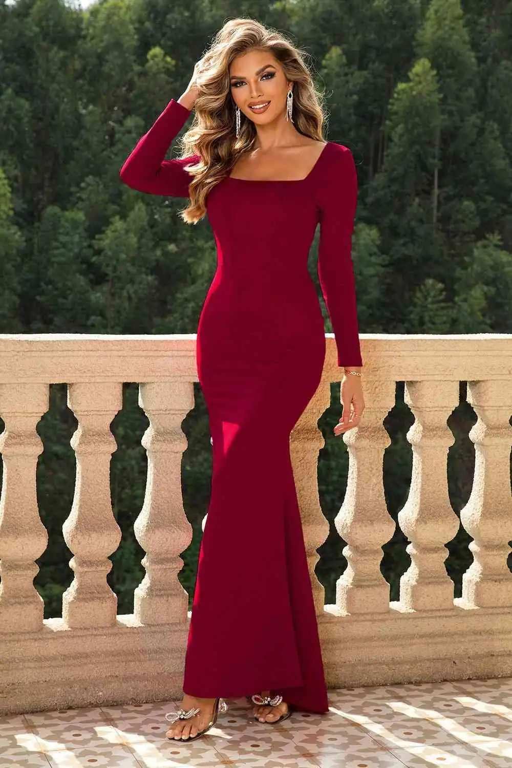 Square Neck Long Sleeve Dress - Trendsi - Flyclothing LLC