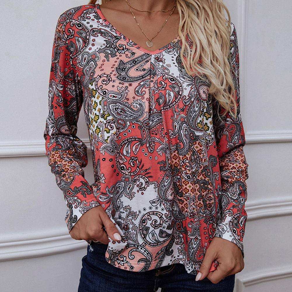 Printed V-Neck Long Sleeve Blouse - Trendsi - Flyclothing LLC