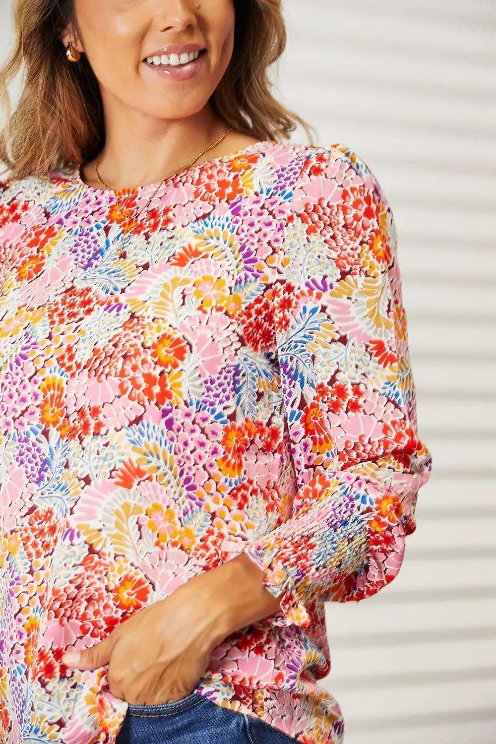 Double Take Floral Print Long Puff Sleeve Blouse - Trendsi - Flyclothing LLC
