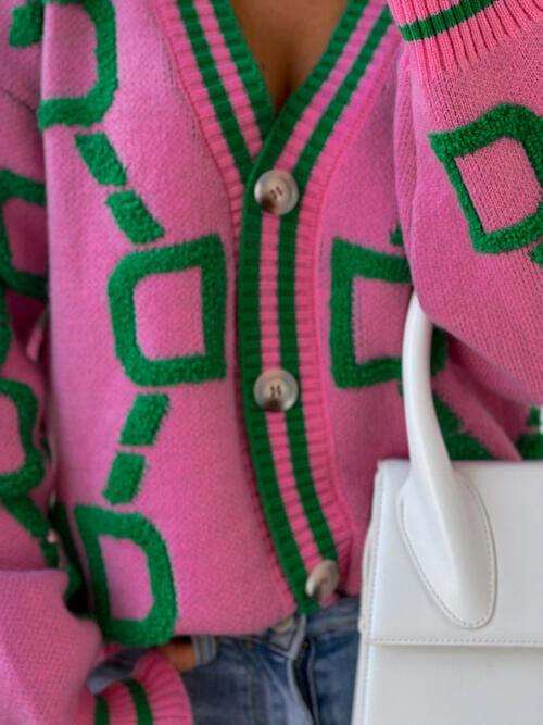 Geometric Dropped Shoulder Button Down Cardigan - Trendsi - Flyclothing LLC