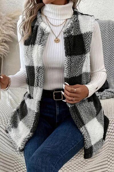 Sherpa Plaid Open Front Vest Coat - Flyclothing LLC