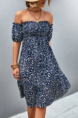 Ditsy Floral Smocked Frill Trim Off-Shoulder Dress - Trendsi - Flyclothing LLC