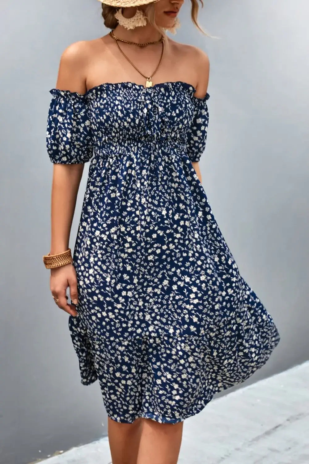 Ditsy Floral Smocked Frill Trim Off-Shoulder Dress - Trendsi - Flyclothing LLC