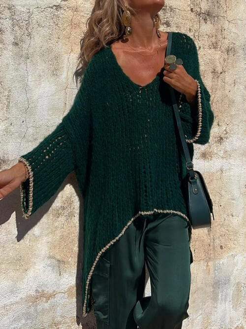 Contrast V-Neck Long Sleeve Sweater - Trendsi - Flyclothing LLC