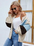 Color Block Button Up Lantern Sleeve Cardigan - Trendsi