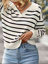 Striped Collared Neck Knit Top - Trendsi - Flyclothing LLC