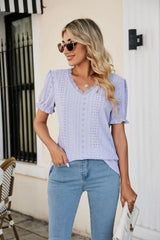 Eyelet Flounce Sleeve Scalloped V-Neck Top - Trendsi - Flyclothing LLC