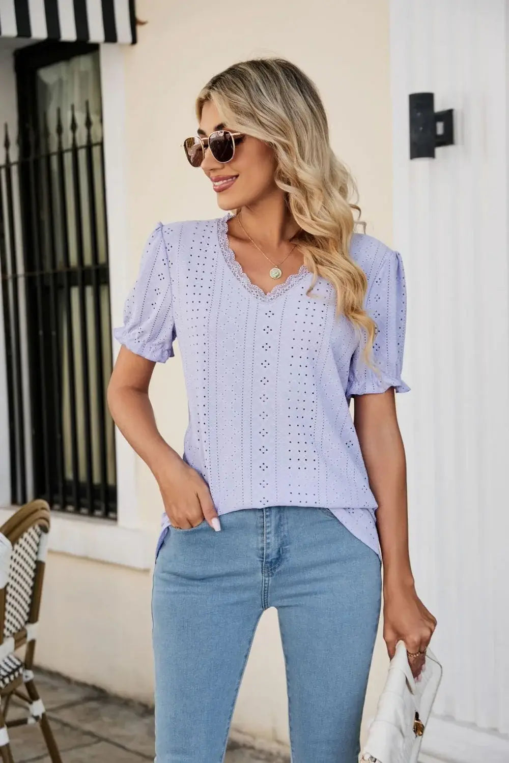 Eyelet Flounce Sleeve Scalloped V-Neck Top - Trendsi - Flyclothing LLC