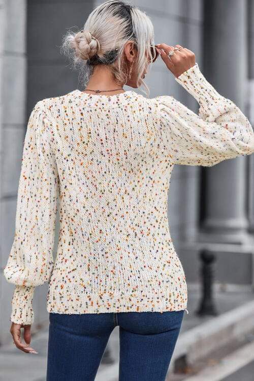 Heathered Round Neck Lantern Sleeve Sweater - Trendsi - Flyclothing LLC