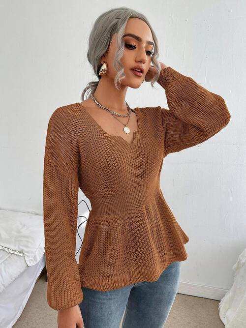 Notched Dropped Shoulder Knit Top - Trendsi - Flyclothing LLC