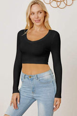 Round Neck Long Sleeve Cropped T-Shirt - Trendsi - Flyclothing LLC
