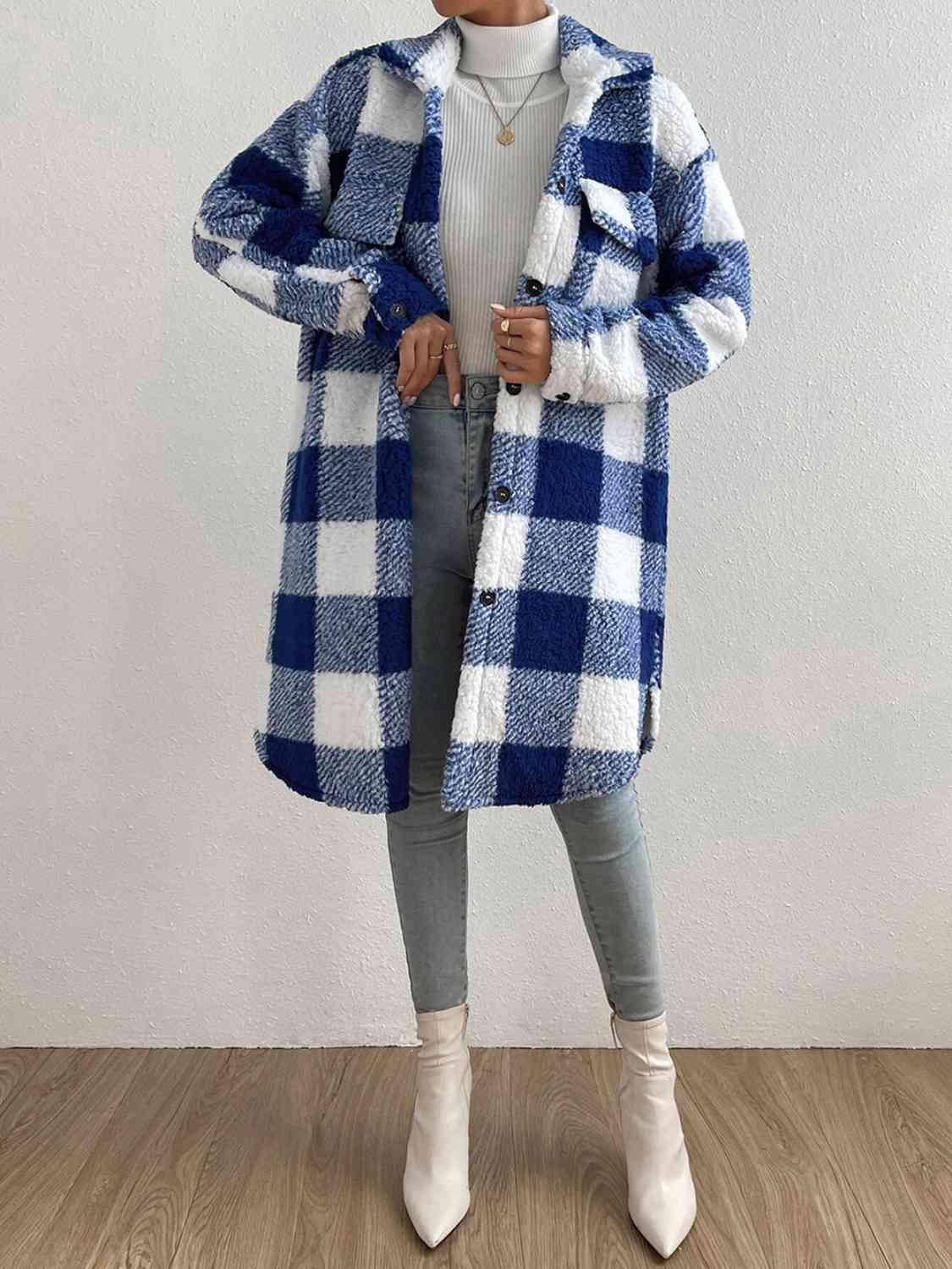 Plaid Collared Neck Button Down Coat - Trendsi