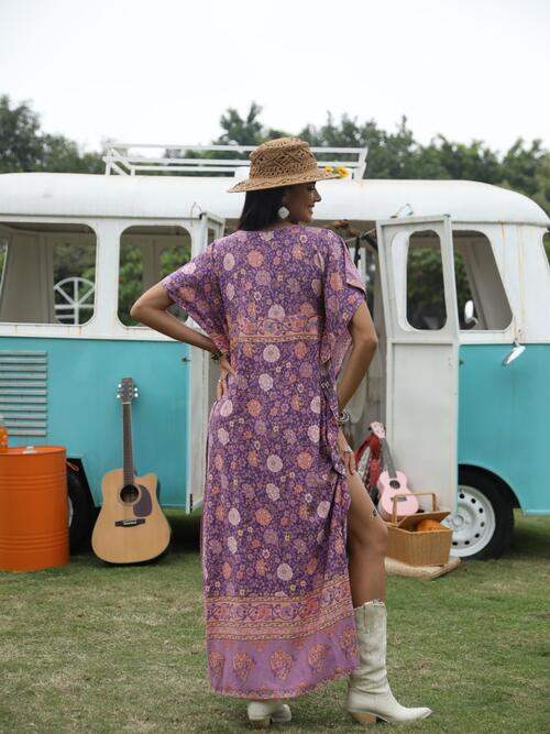 Printed Tie Neck Short Sleeve Dress - Trendsi - Flyclothing LLC
