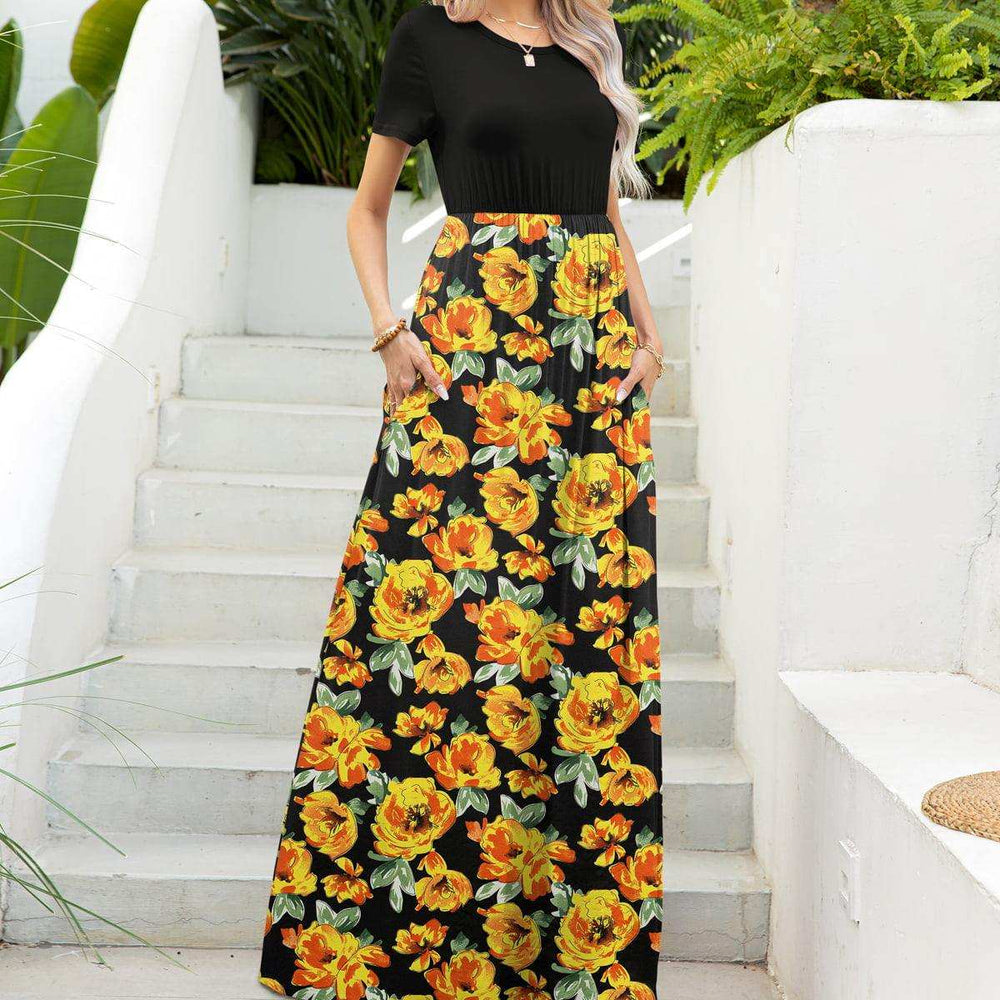 Printed Round Neck Short Sleeve Maxi Dress - Trendsi - Flyclothing LLC