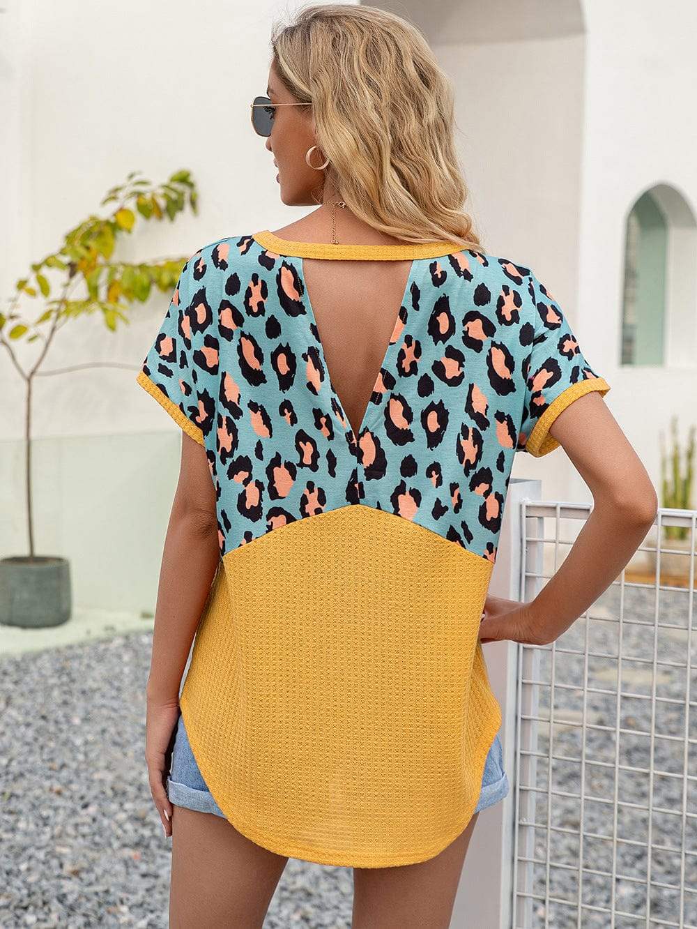 Leopard Waffle-Knit Short Sleeve Top - Trendsi - Flyclothing LLC