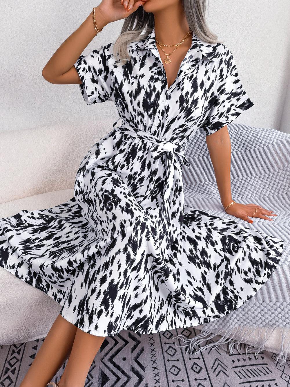 Printed Collared Neck Short Sleeve Tie Waist Dress - Trendsi