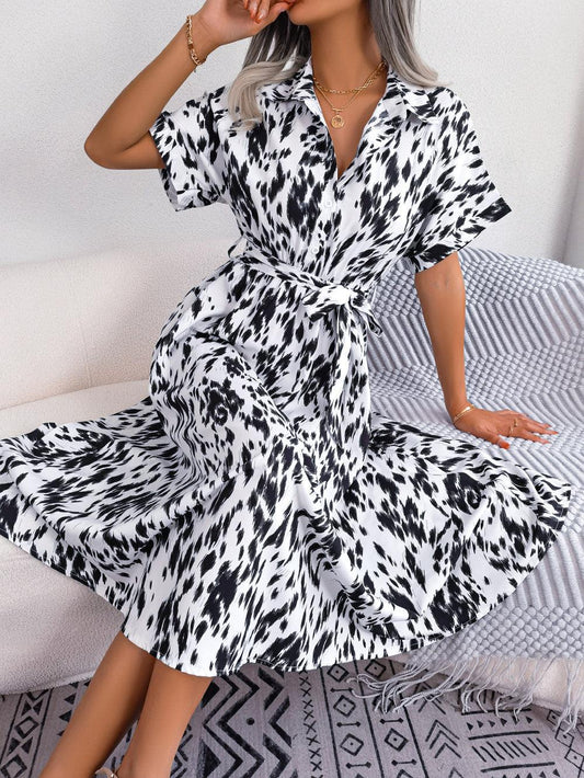 Printed Collared Neck Short Sleeve Tie Waist Dress - Trendsi