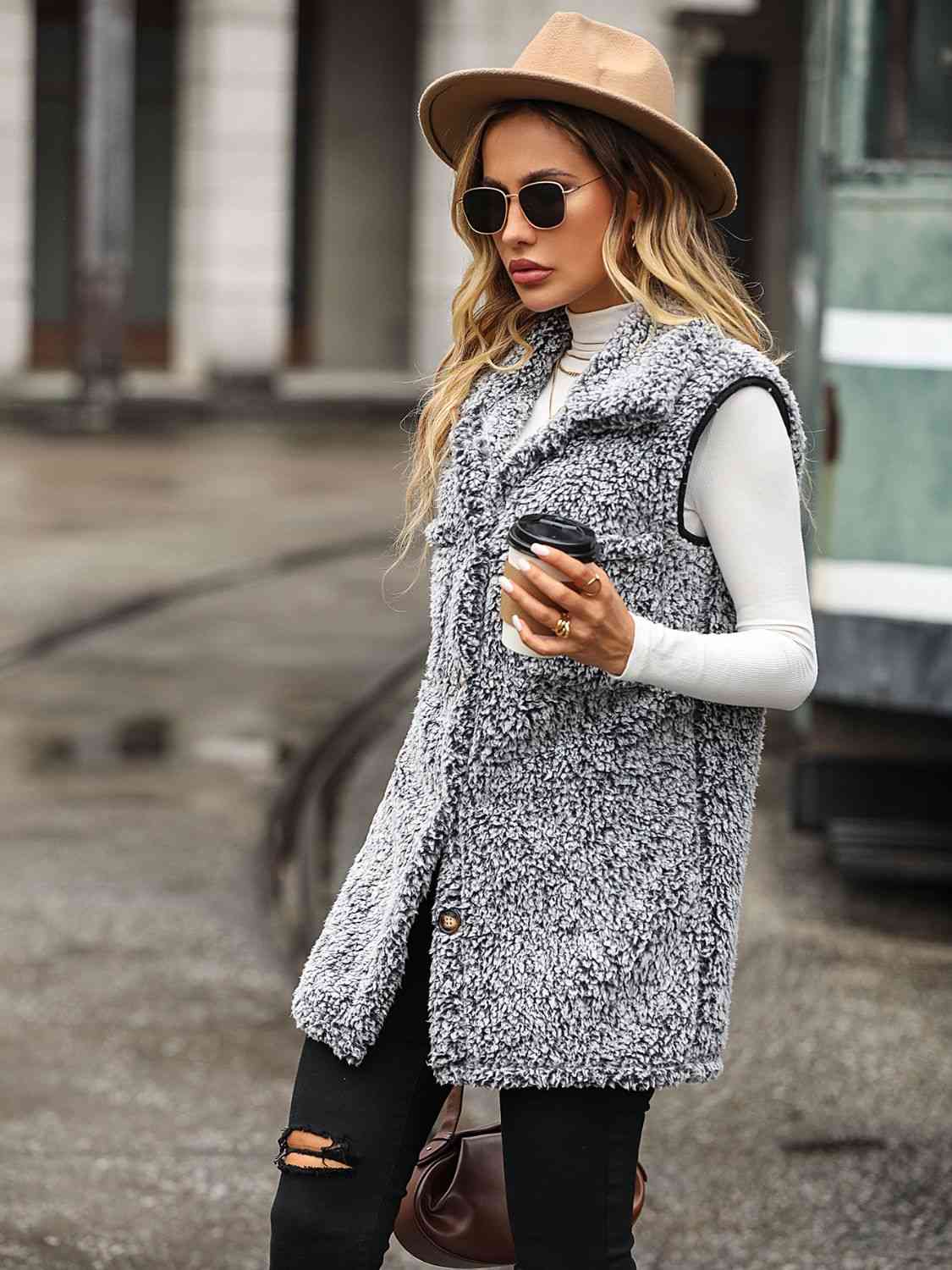Full Size Button Down Collared Neck Vest - Trendsi - Flyclothing LLC