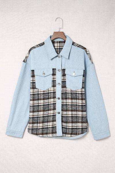 Plaid Pocketed Button Up Denim Jacket - Trendsi - Flyclothing LLC