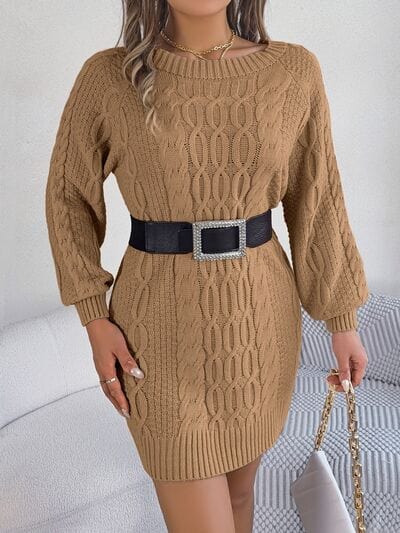 Cable-Knit Round Neck Sweater Dress - Trendsi