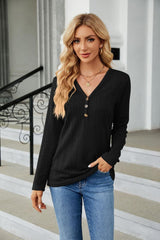 Cable-Knit Long Sleeve V-Neck T-Shirt - Trendsi