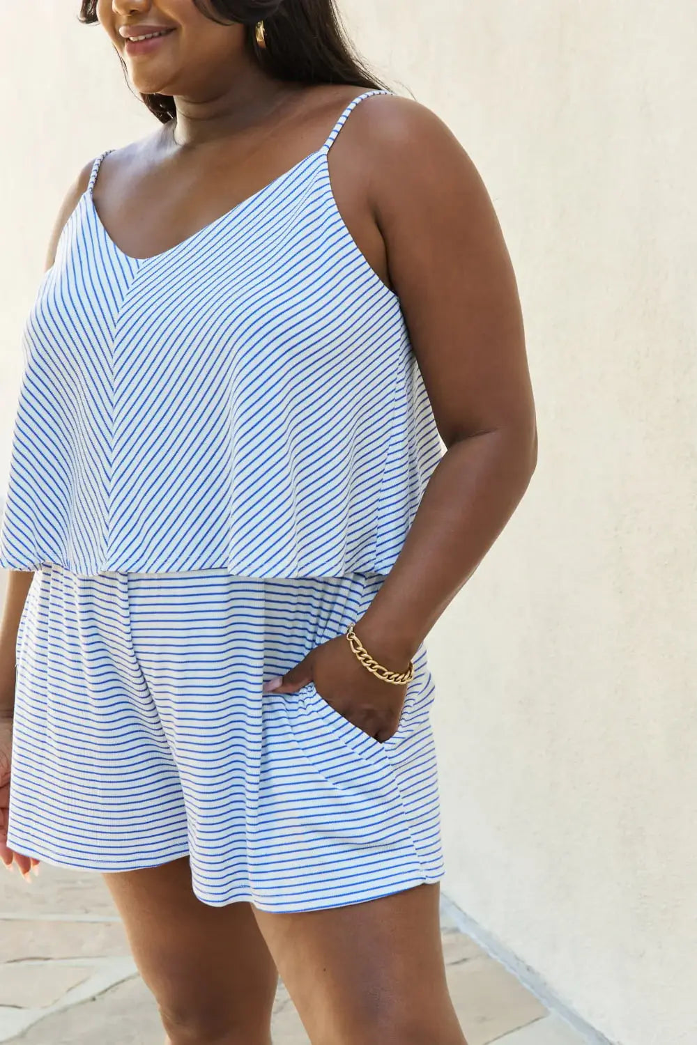 Culture Code Let It Happen Full Size Double Flare Striped Romper in Cobalt Blue - Trendsi - Flyclothing LLC