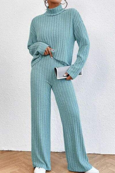 Mock Neck Dropped Shoulder Top and Pants Set - Trendsi - Flyclothing LLC