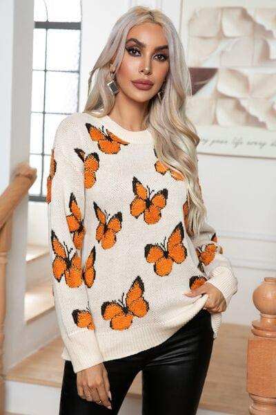 Butterfly Round Neck Long Sleeve Sweater - Trendsi - Flyclothing LLC