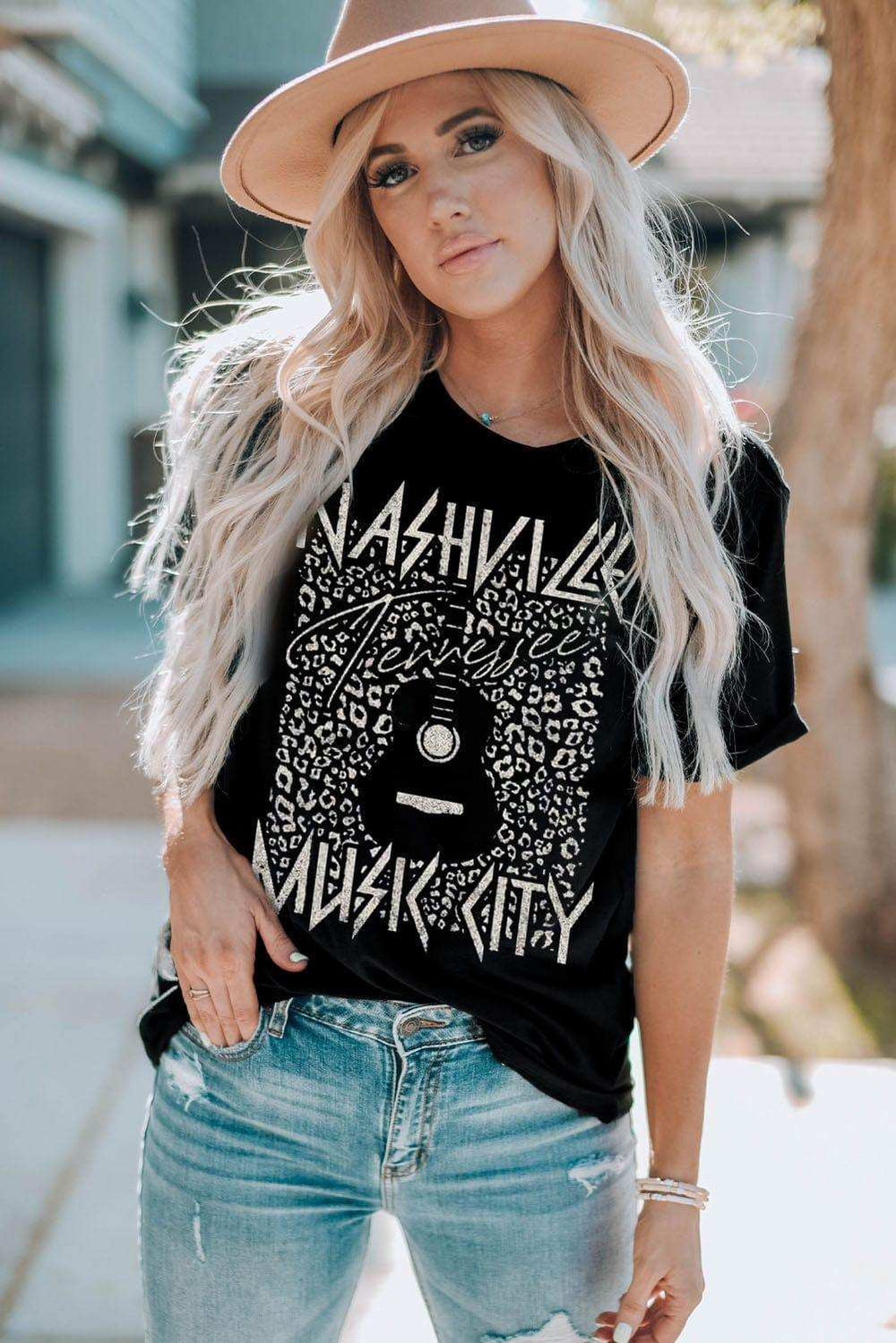 Graphic Cuffed Sleeve Round Neck Tee - Trendsi - Flyclothing LLC