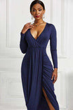High-low Ruched Surplice Long Sleeve Dress - Trendsi - Flyclothing LLC