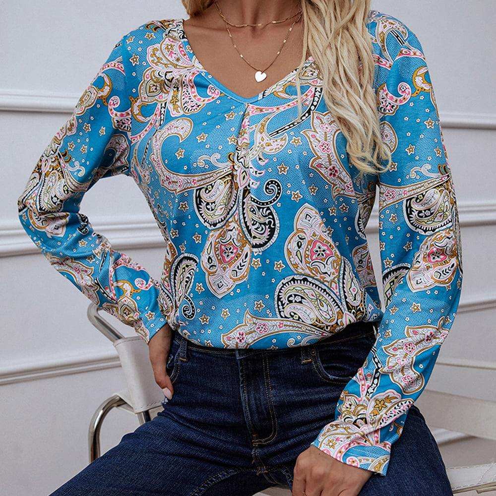 Printed V-Neck Long Sleeve Blouse - Trendsi - Flyclothing LLC