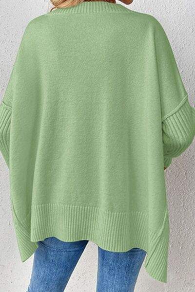 Slit V-Neck Dropped Shoulder Sweater - Trendsi - Flyclothing LLC
