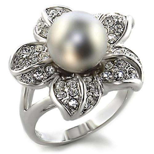 Alamode Rhodium Brass Ring with Synthetic Pearl in Gray - Alamode