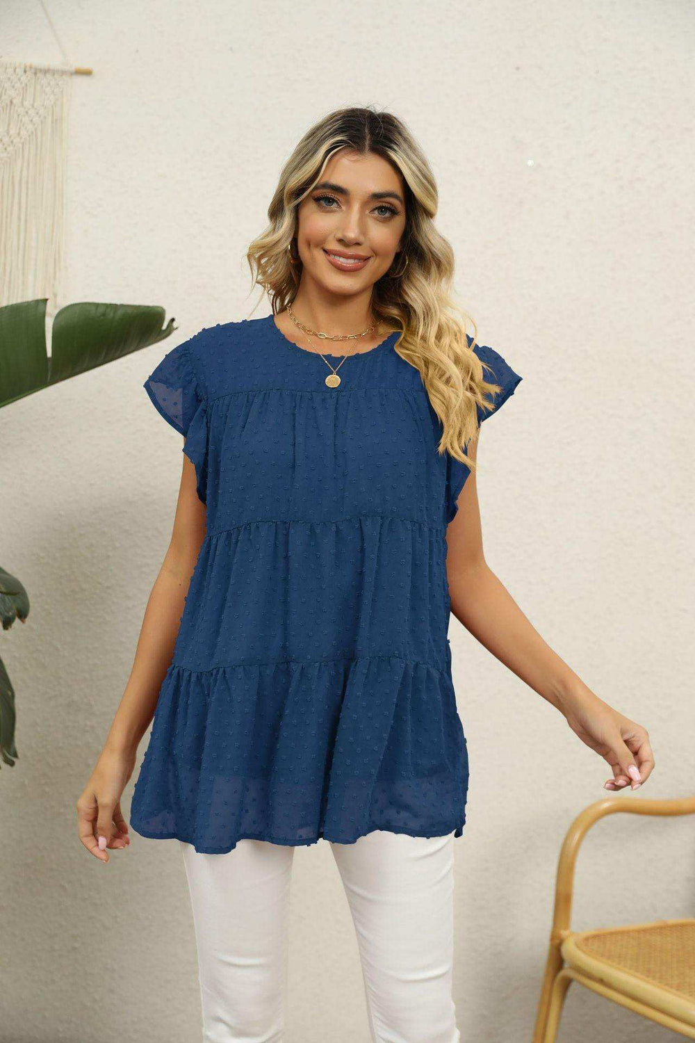 Swiss Dot Round Neck Tiered Blouse - Trendsi - Flyclothing LLC