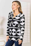 Heimish Full Size Geometric Notched Neck Long Sleeve Top - Trendsi
